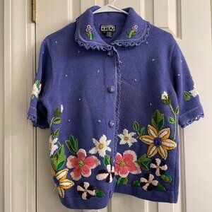 Vintage Berek Blooming Floral Spring Short Sleeve Purple Cardigan
